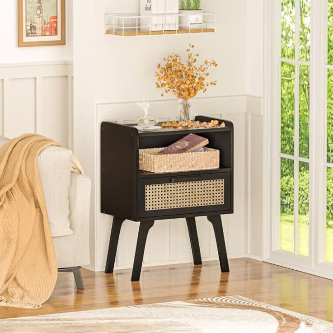 Lerliuo Rattan Nightstands Set of 2, Bedside Table with Drawer Open Shelf, Ca...
