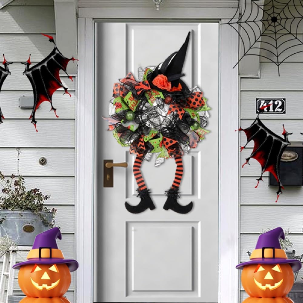 Halloween Witch Mesh Hat Legs Wreath, Front Door Decoration