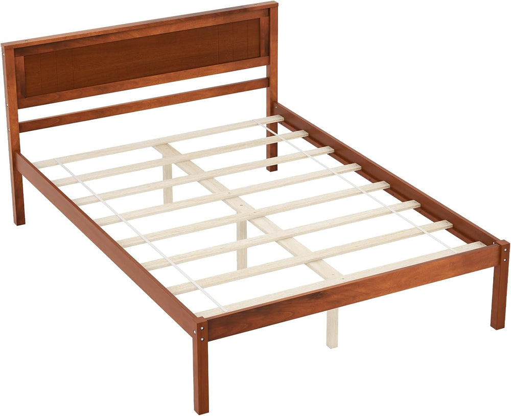 KOMFOTT Full Size Wood Platform Bed Frame with Headboard, Solid Wood Bed Fram...