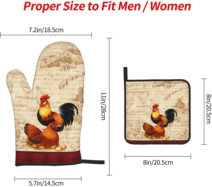 Retro Rustic Pot Holders and Oven Mitts Set of 3, Rooster Chicken Oven Gloves - Image 4