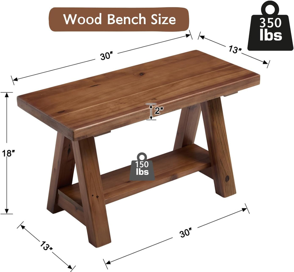 chairus Farmhouse 2-Tier Storage Bench, 30" Solid Wood Entryway Bench Se...
