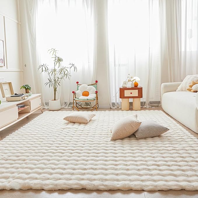 Creamy White Rabbit Plush Rug 8'x10', Fluffy Faux Fur Shaggy Area Rug