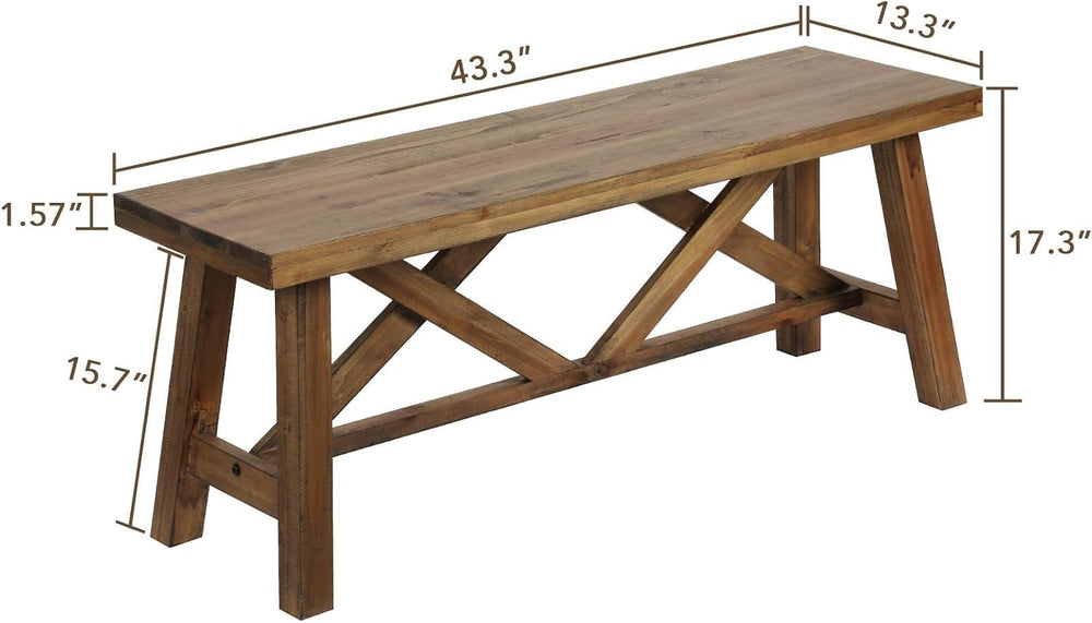 Wnutrees 43" Farmhouse Solid Wood Bench, Rustic Entryway Bench, Natural