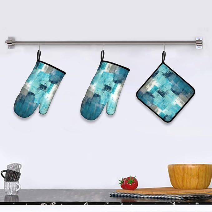 LOKMU Oven Mitts and Pot Holders Set of 3, Teal and Grey White Abstract Art - Image 5