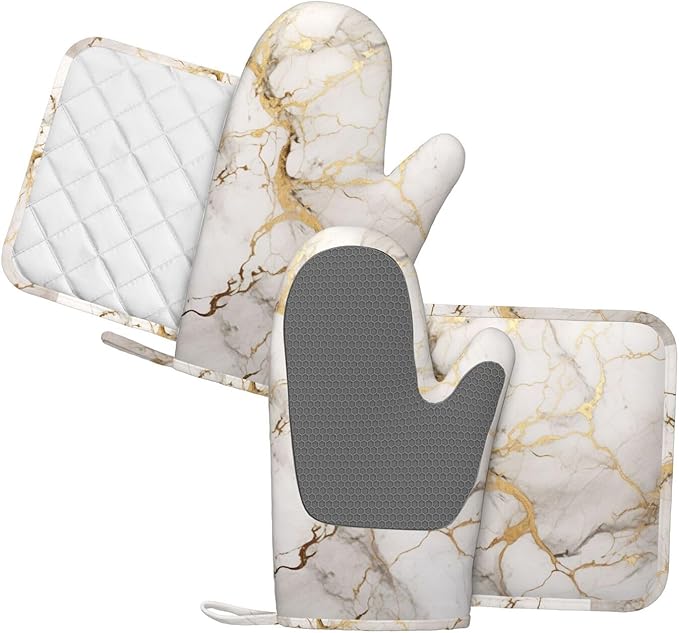 Oven Mitts and Pot Holders Marble Gray Gold White Silicone Kitchen Accessories - Image 2