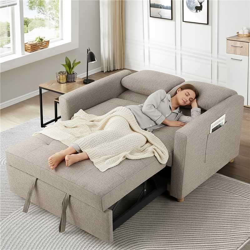 SEJOV Loveseat Sleeper, 3-in-1 Convertible Sofa Bed Pull Out, Brown Gray