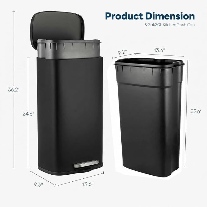 8 Gal Kitchen Trash Can, 30L Recycling or Garbage Bin, Brushed Stainless Steel
