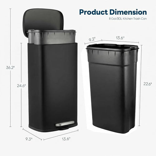 8 Gal Kitchen Trash Can, 30L Recycling or Garbage Bin, Brushed Stainless Steel - Image 2