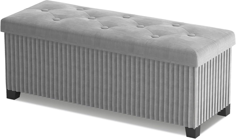 LITZFUR 43 Inches Storage Ottoman Bench, Velvet Foot Rest Stool, Grey | Foldi...
