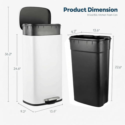 8 Gal Kitchen Trash Can, 30L Recycling or Garbage Bin, Brushed Stainless Steel - Image 2
