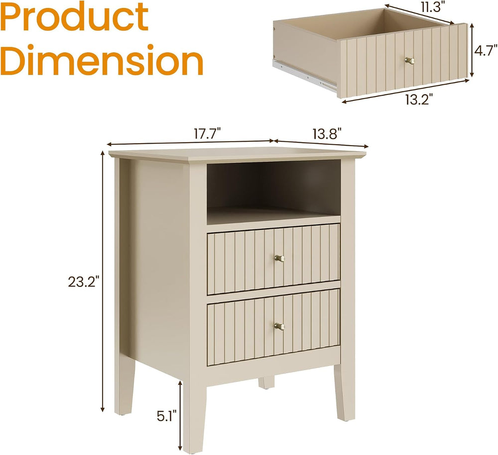 RoyalCraft Beige Fluted Nightstand Set of 2, Colorful Nightstand with 2 Drawe...