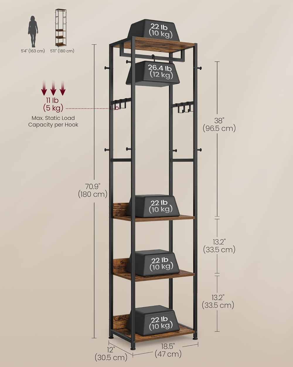 VASAGLE Coat Rack, Freestanding Hall Tree with Shelves, Hanging Rail, and Hoo...