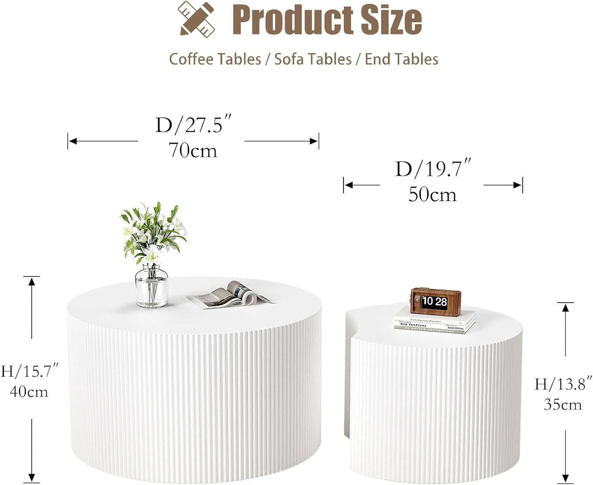 27.5" Round Nesting Coffee Table Set of 2 (White) | Wooden Fluted Drum Side Tables, Space-Saving Nesting End Tables for Living Room, Bedroom, Balcony, Modern Accent Furniture