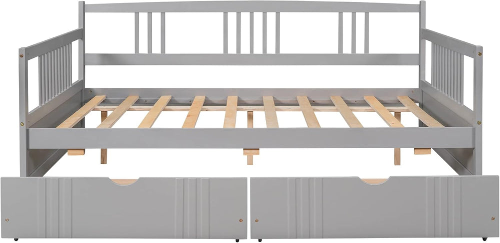 Full Size Wooden Daybed with Two Storage Drawers and 10 Wooden Slats Support,...