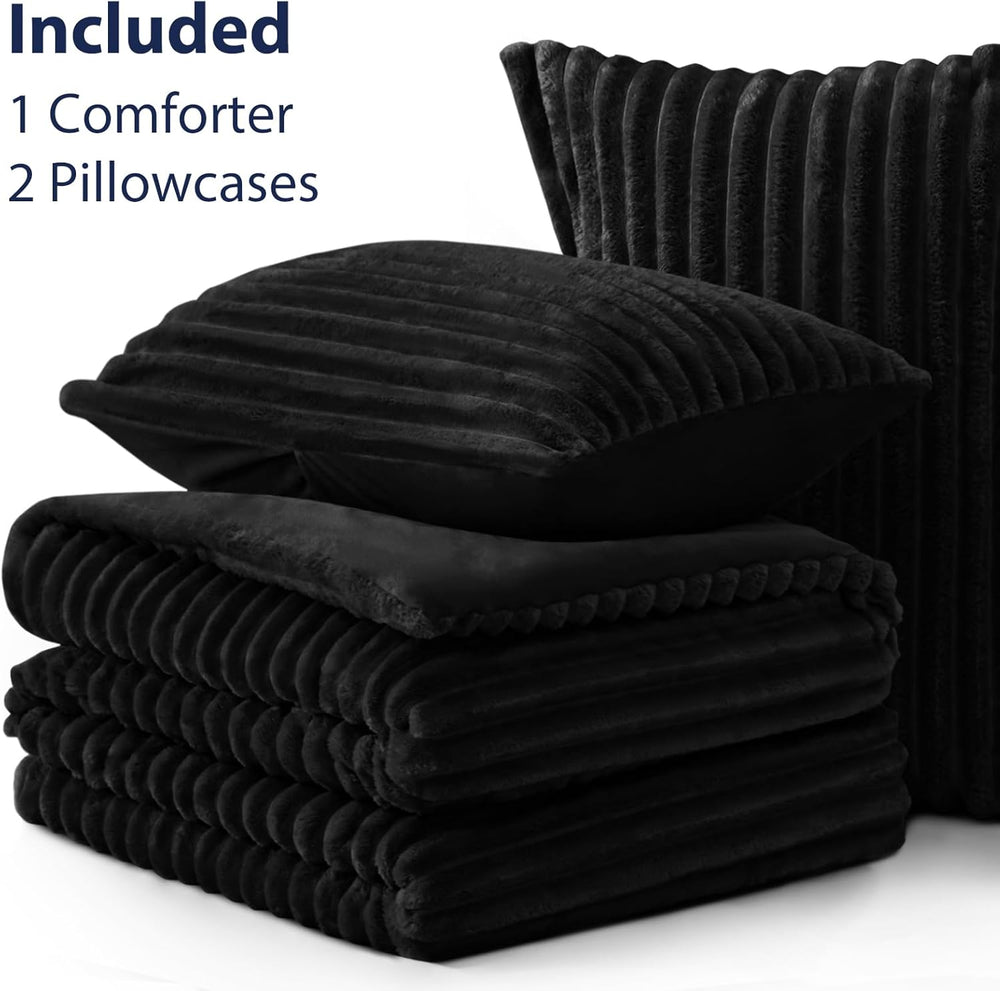 EXQ Home Fluffy Comforter Set Queen Size,3 Pieces Bed Set,Black