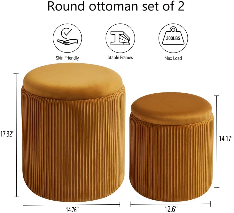 BLEXA Set of 2 Round Storage Ottoman, Yellow Velvet Ottoman with Storage