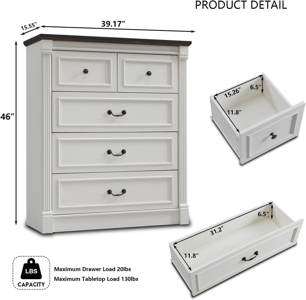Aitjunz Farmhouse 46" Tall 5 Drawers Dresser for Bedroom, Antique White