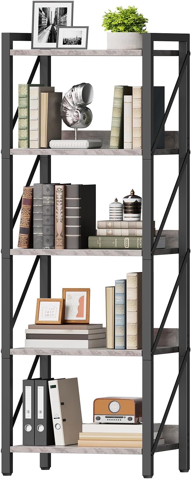 HOOBRO Bookshelf, 5-Tier Industrial Bookcase, Book Shelf Storage Organizer, T...