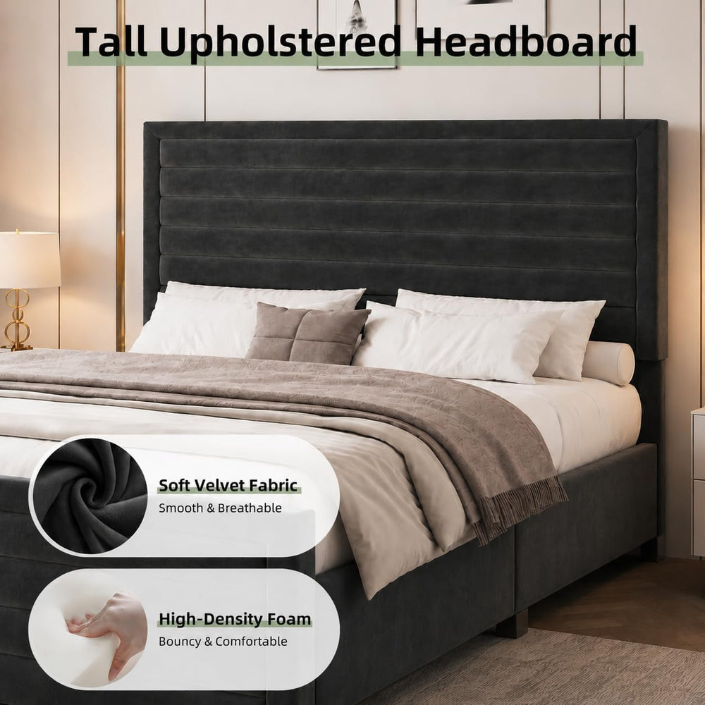 REVOMINCA Full Size Bed Frame with Velvet Upholstered Headboard,Black