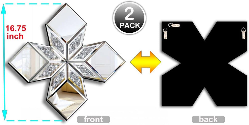 Crushed Diamond Decorative Mirror 2 Pack 16.75x16.75” Diamond Shape Glass Dec...
