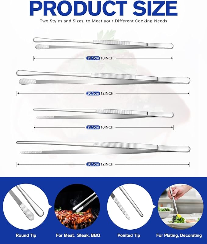 4 Pcs Fine Long Tweezer Tongs Professional Silver, Sea food and BBQ - Image 3