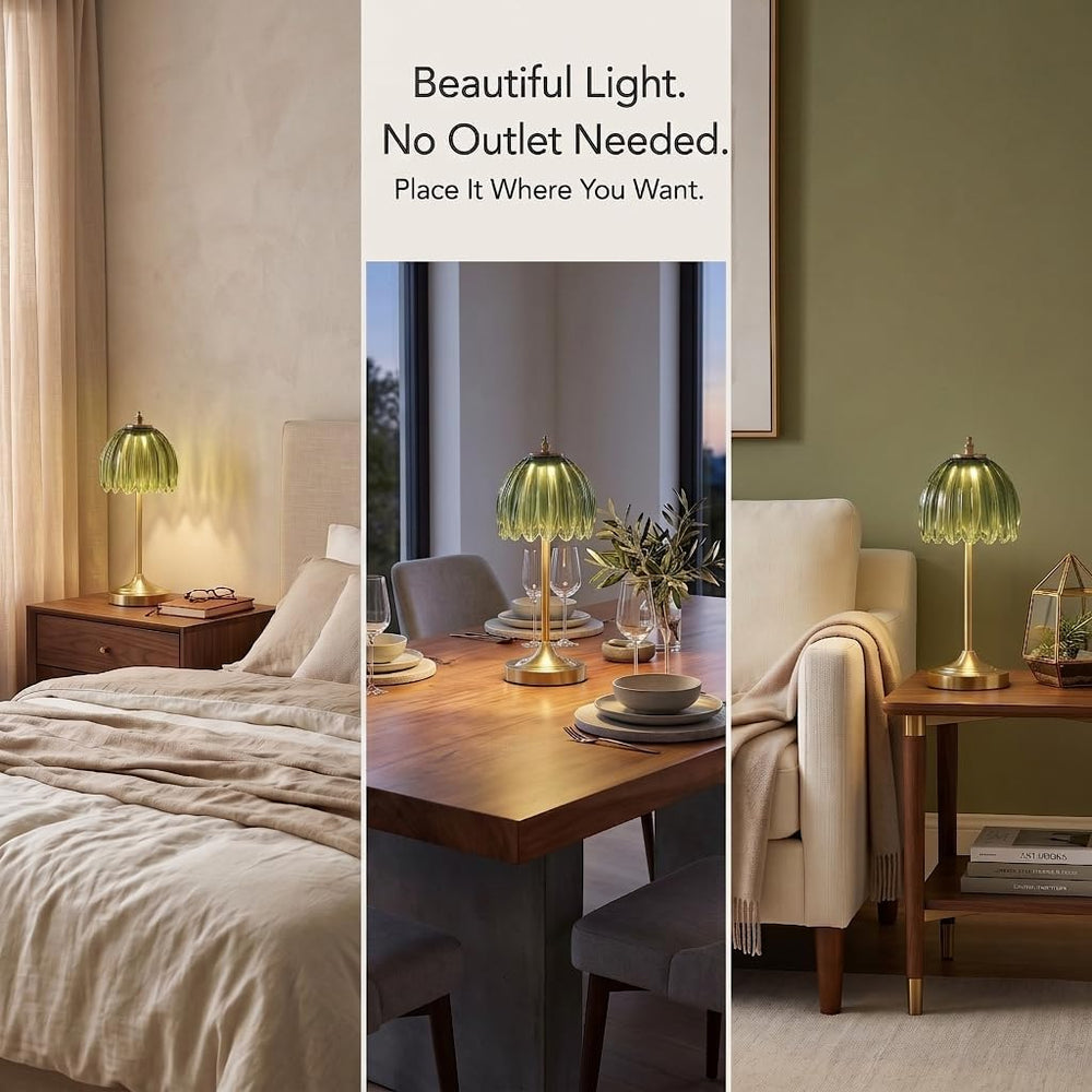 Tulip Glass Rechargeable Table Lamp, Floral Cordless Table Light(Green)
