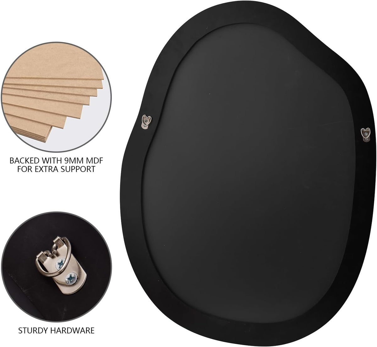 black irregular mirror for bathroom asymmetrical wood vanity shown in use