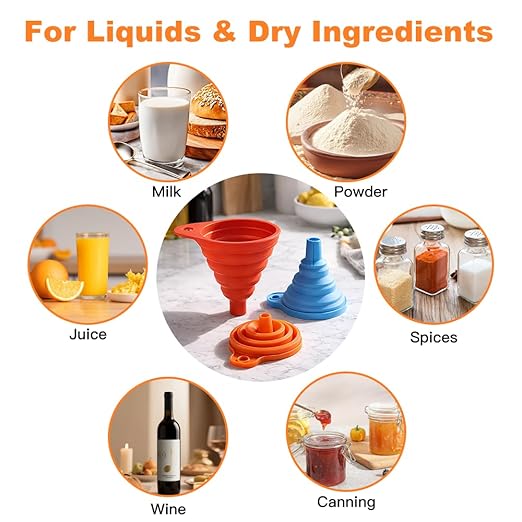 No Spill Kitchen Funnel Set, Food Grade 3 Collapsible Silicone Funnels & 1 - Image 4