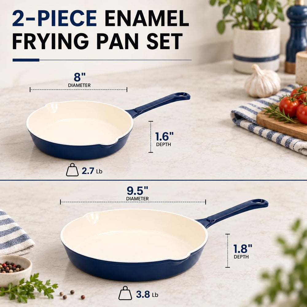 Hisencn Pans Set,8 & 9.5 Inch Ceramic Cast Iron Pans Set,Blue