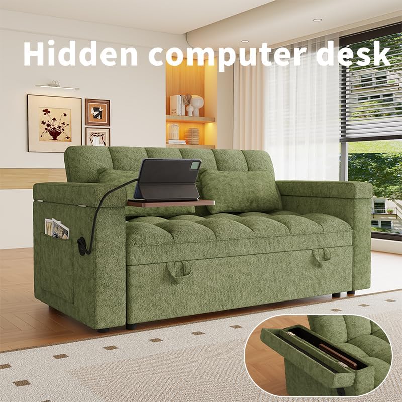 65" Sleeper Sofa Bed with USB Charging Ports, Chenille Futon Loveseat
