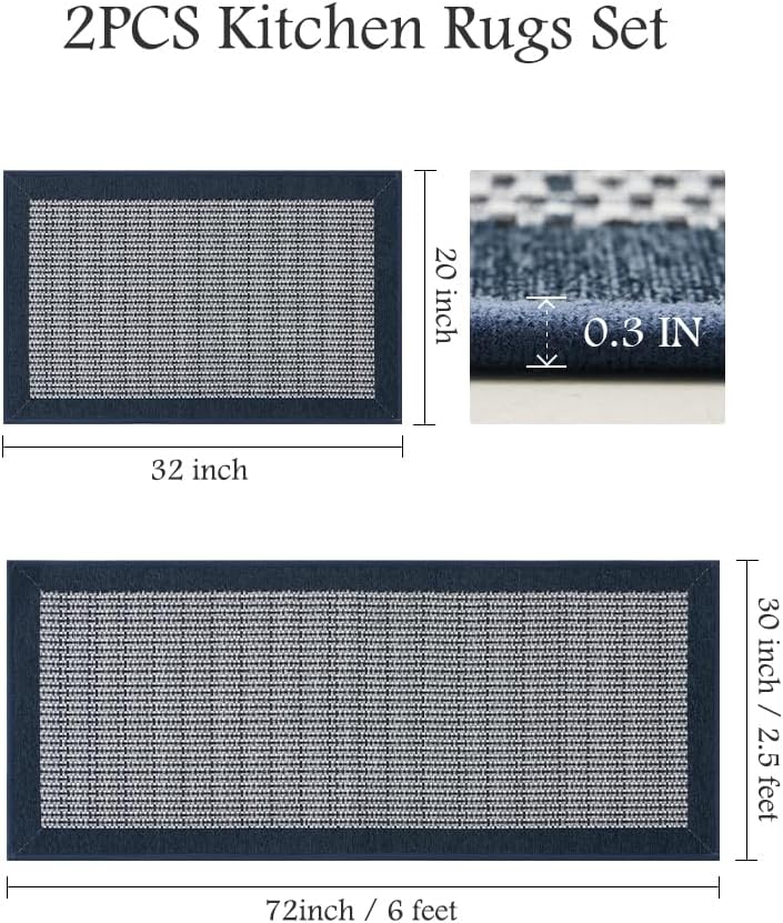 PADOOR Extra Large Kitchen Runner Rugs and Mats 2PCS, 2.5'x6'+20"x32",Blue | Non Slip Stain Resistant Kitchen Mats for Floor, Machine Wahable Absorbent Long Rugs for Sink, Laundry & Entryway,Sets of 2
