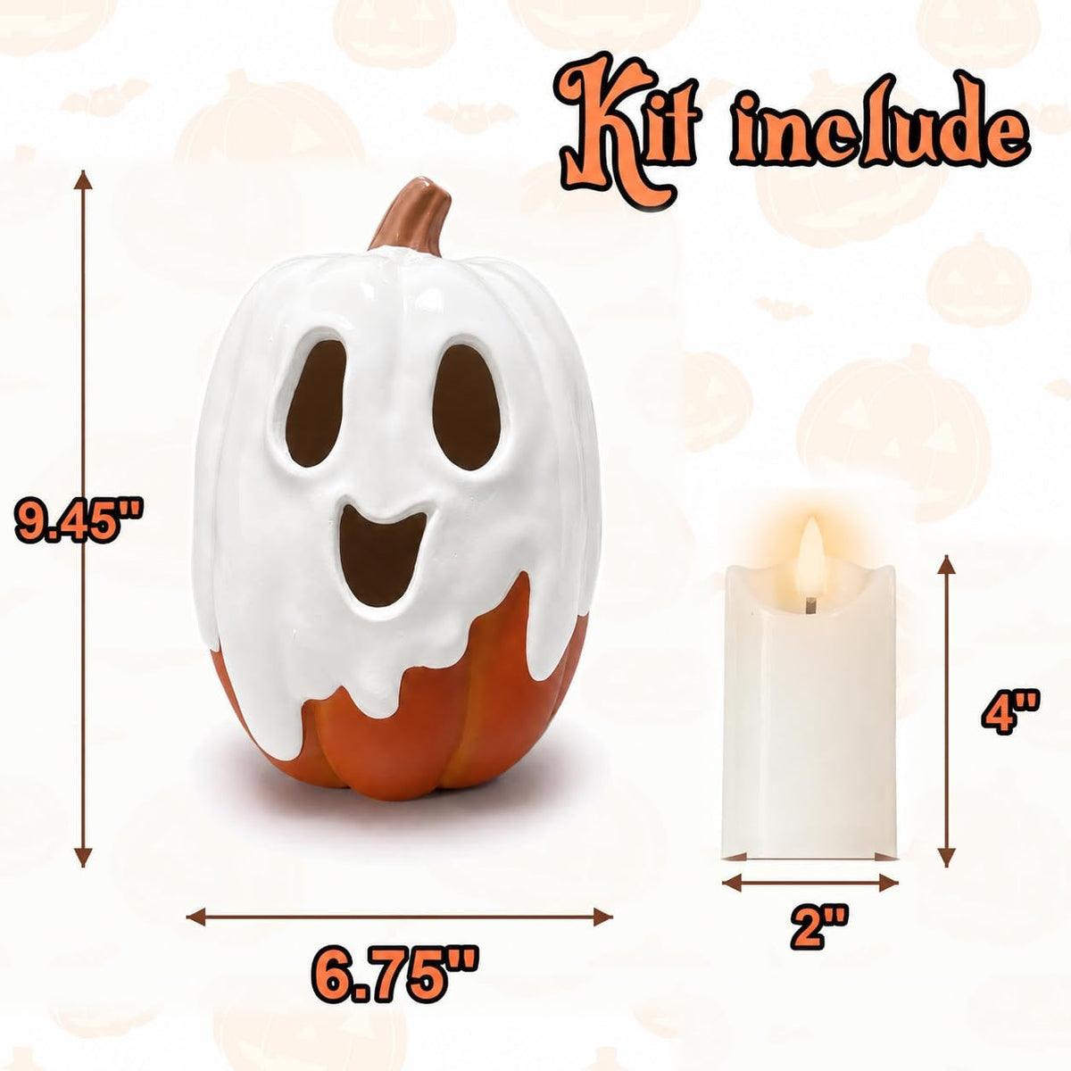 Halloween Decorations - 9.45" H Resin Ghost Pumpkin with Flameless Candle for Indoor Outdoor - Cute Spooky Decoration Centerpieces Halloween Decor for Tables Porch Yard Home Front Door Mantel