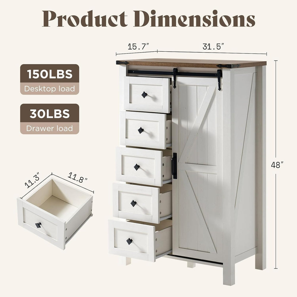 AMERLIFE 31.5" Farmhouse 5-Drawer Dresser with Barn Doors, Distressed White