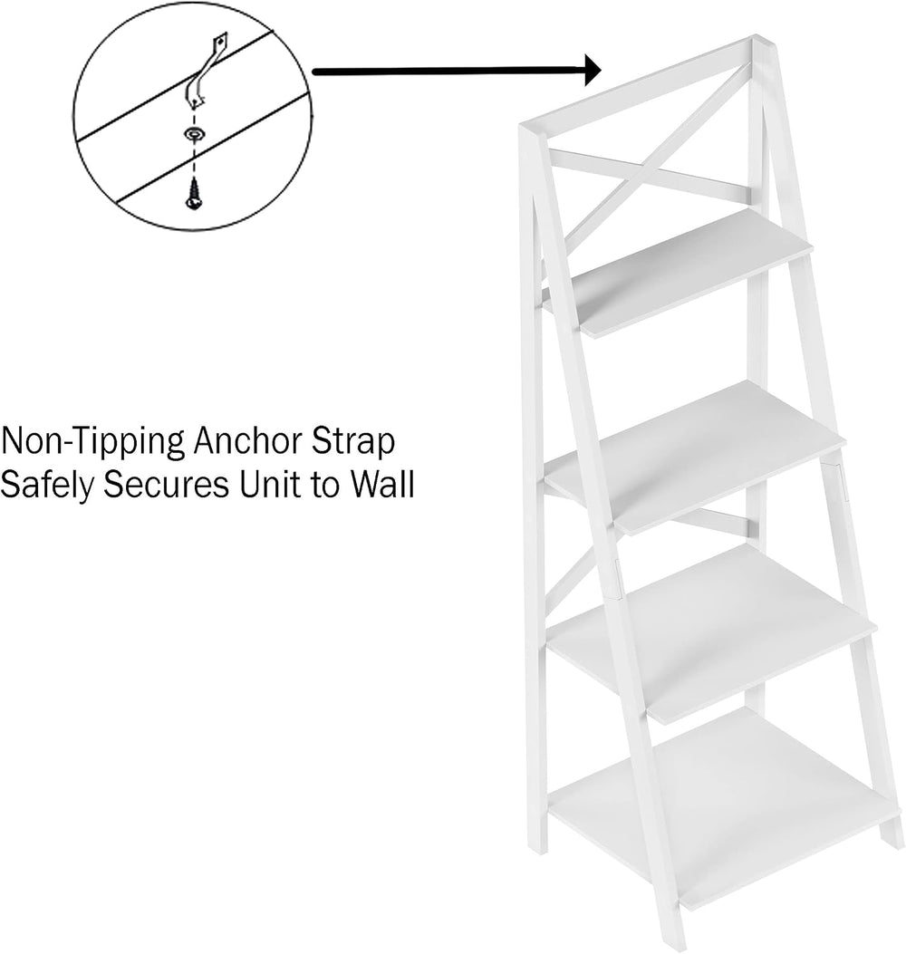 4-Tier Ladder Bookshelf - Freestanding Shelved Bookcase with X-Back Frame and...