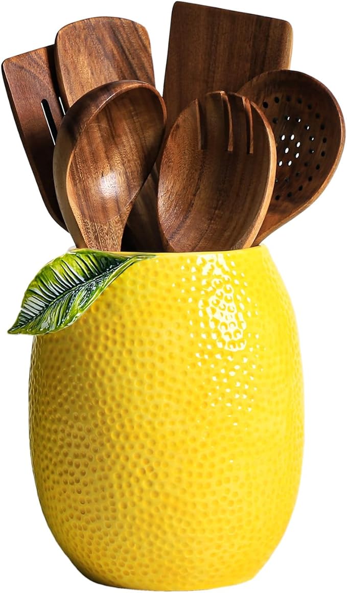 Lemon Shaped Ceramic Kitchen Utensil Holder, Large Cooking Utensil Crocks by Bicuzat