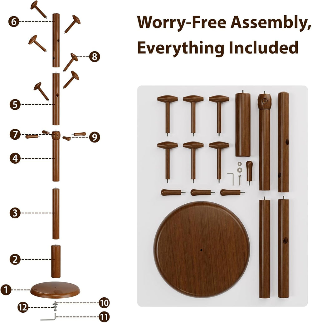 Taitiy Solid Wood Coat Rack Freestanding Coat Tree with 10 Hooks for Bedroom,...