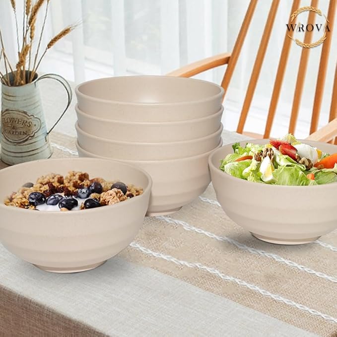 Wrova Wheat Straw Bowls Set 60 OZ, Unbreakable Large Beige Bowls Set of 6 - Image 7