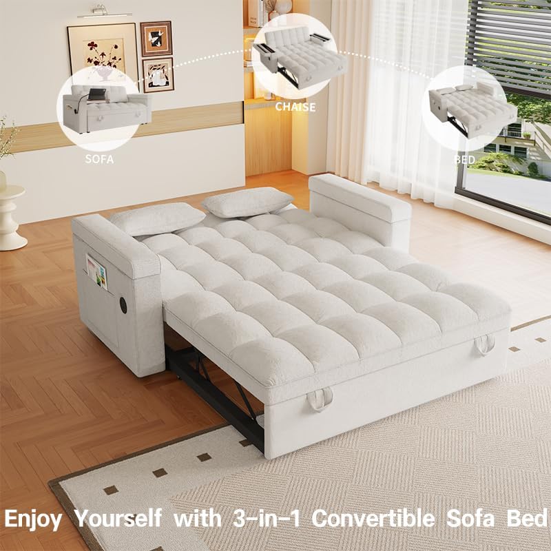 65" Futon Sofa Bed with USB Charging Ports, Adjustable Backrest