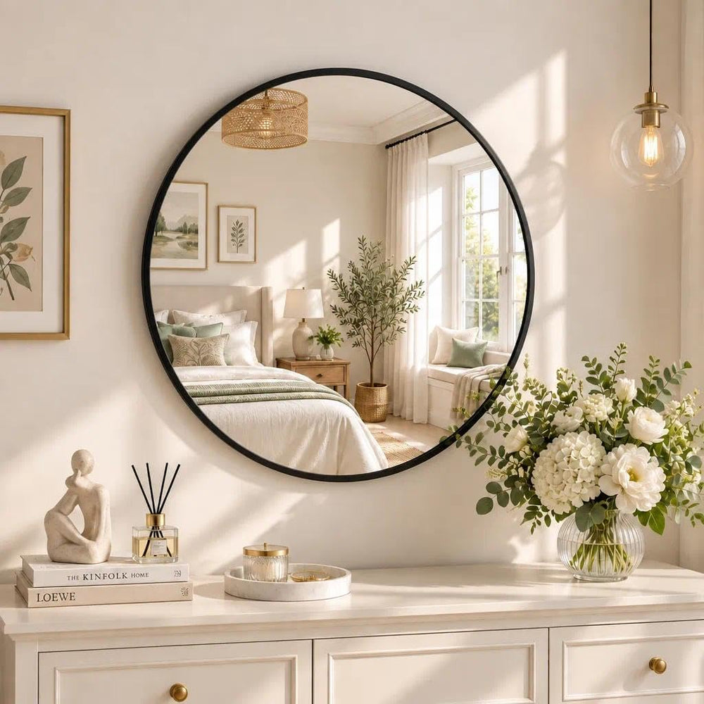 BEAUTYPEAK 20 Inch Round Mirror, Metal Frame Circle Mirror, Black
