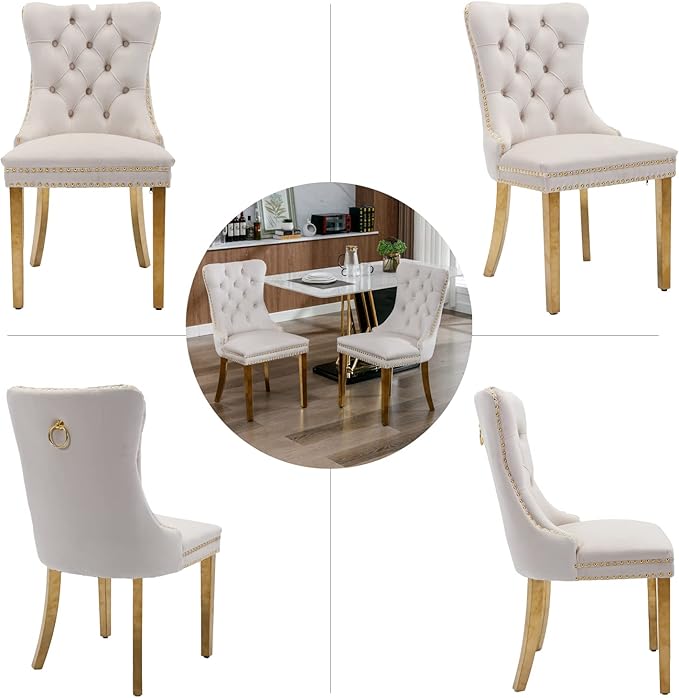 Beige Velvet Dining Chairs Set of 4, Upholstered Dining Room Chairs with Back...
