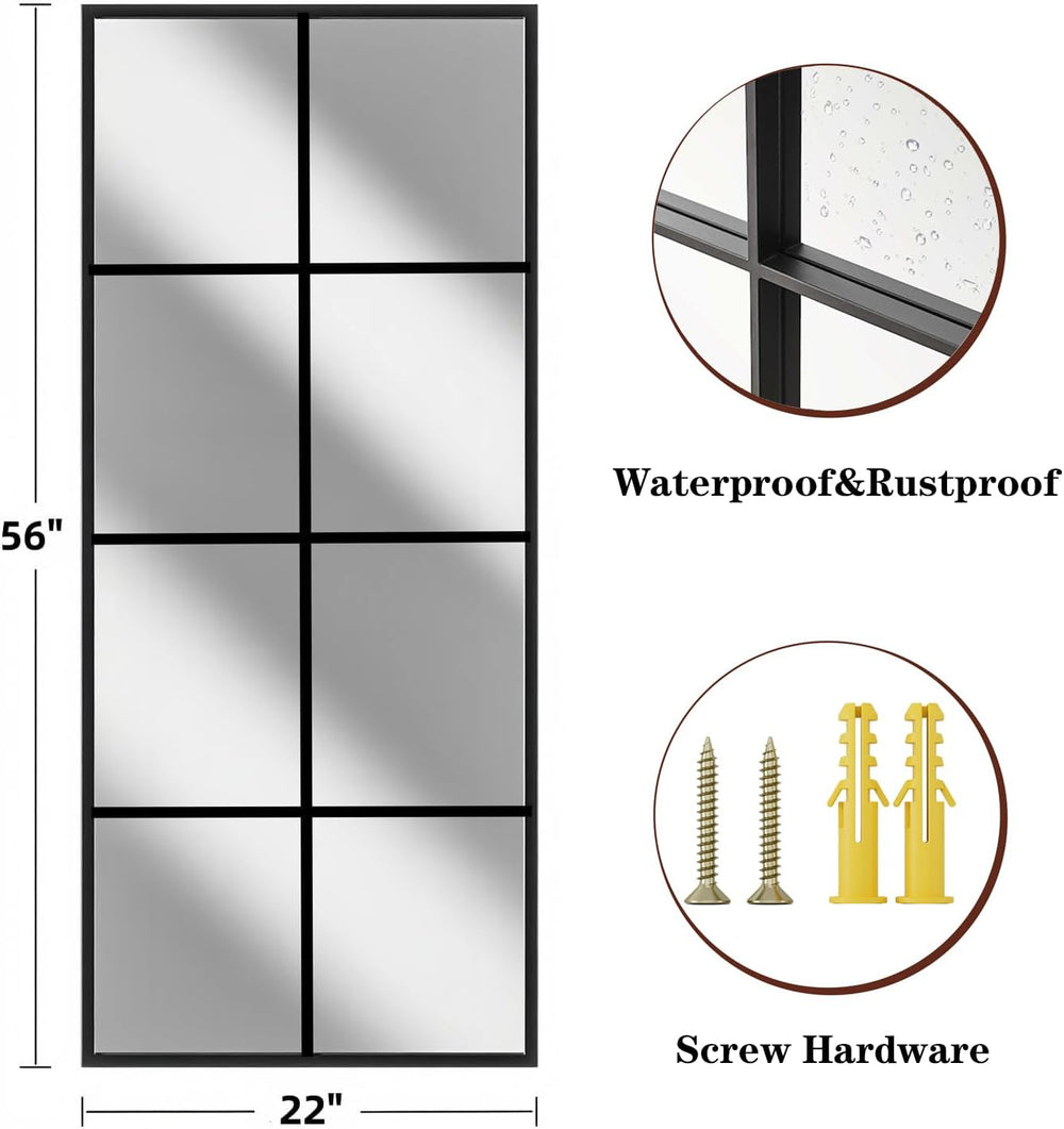 Full Length Mirror, 56"x22" Standing Windowpane Wall Mirror (Black)