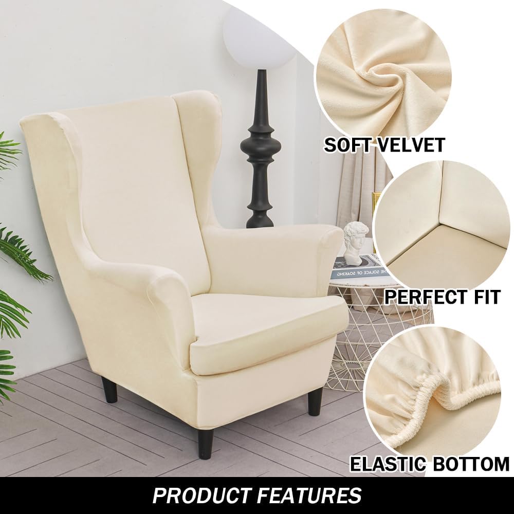 Wing Chair Slipcovers, 2 Piece Stretch Wingback Chair Cover Soft Velvet Armch...