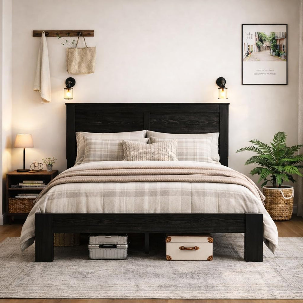 Wooden Bed Frame Full Size with Headboard, Farmhouse Platform Bed