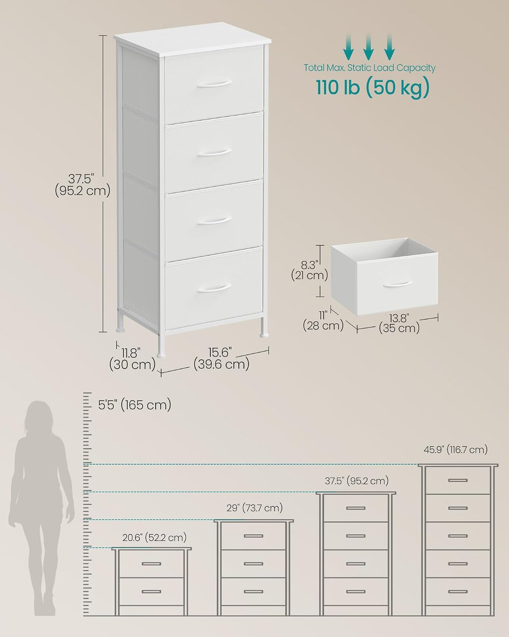 SONGMICS Dresser for Bedroom, Tall Dresser with 4 Fabric Drawers