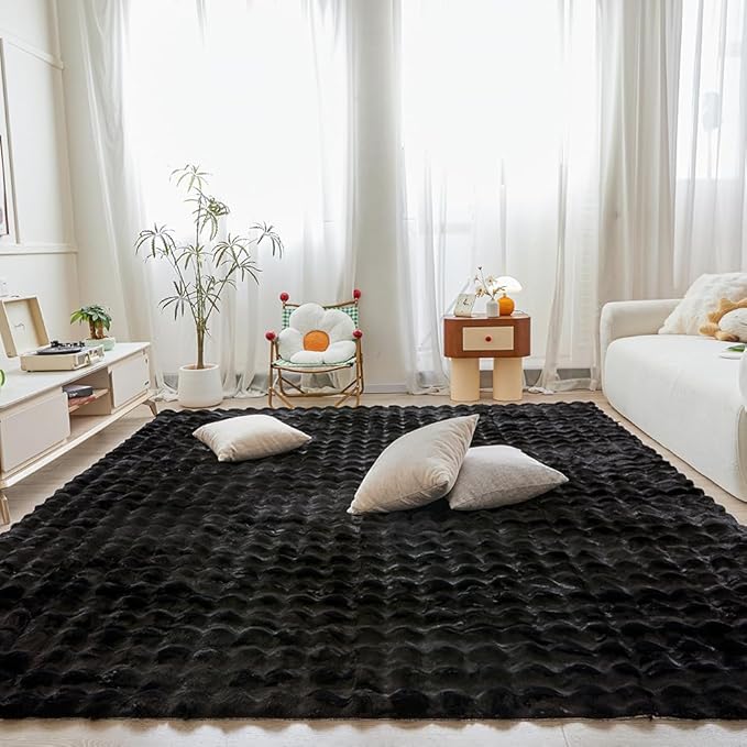 Black Rabbit Plush Rug 8'x10', Fluffy Faux Fur Shaggy Area Rug by CHOVY