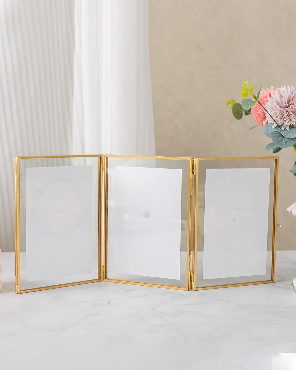 Gold Floating Frames, Vintage 5x7 Triple Folding Picture Frame, Hinged Glass ...