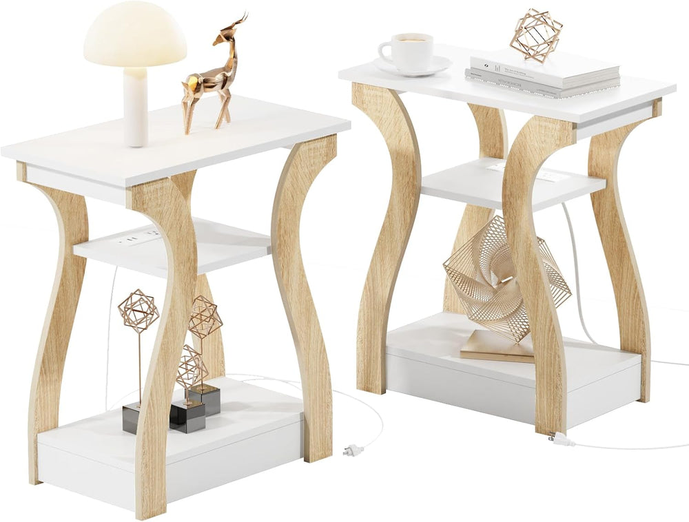 End Table Set of 2 with Charging Station, Side Table with USB Ports and Outle...