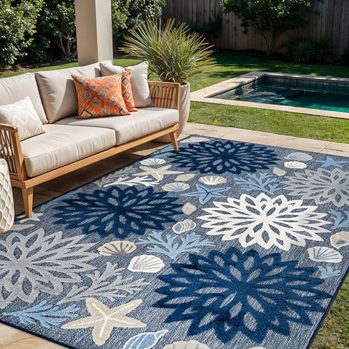 Rugshop Coastal High-Low Textured Floral Indoor Outdoor Rug Navy 5' x 7'