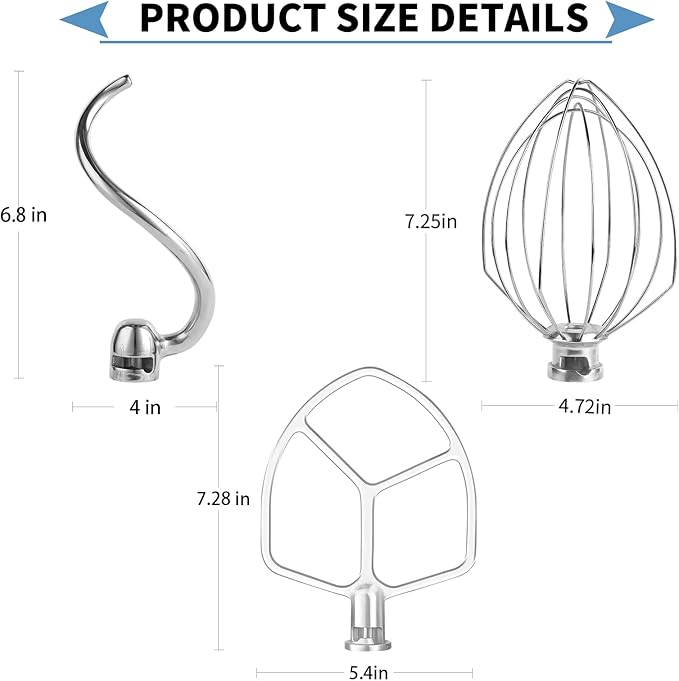 Stainless Steel 3 Piece kit Attachments，Dough Hook 6 Wire Whisk Flat Beater - Image 2