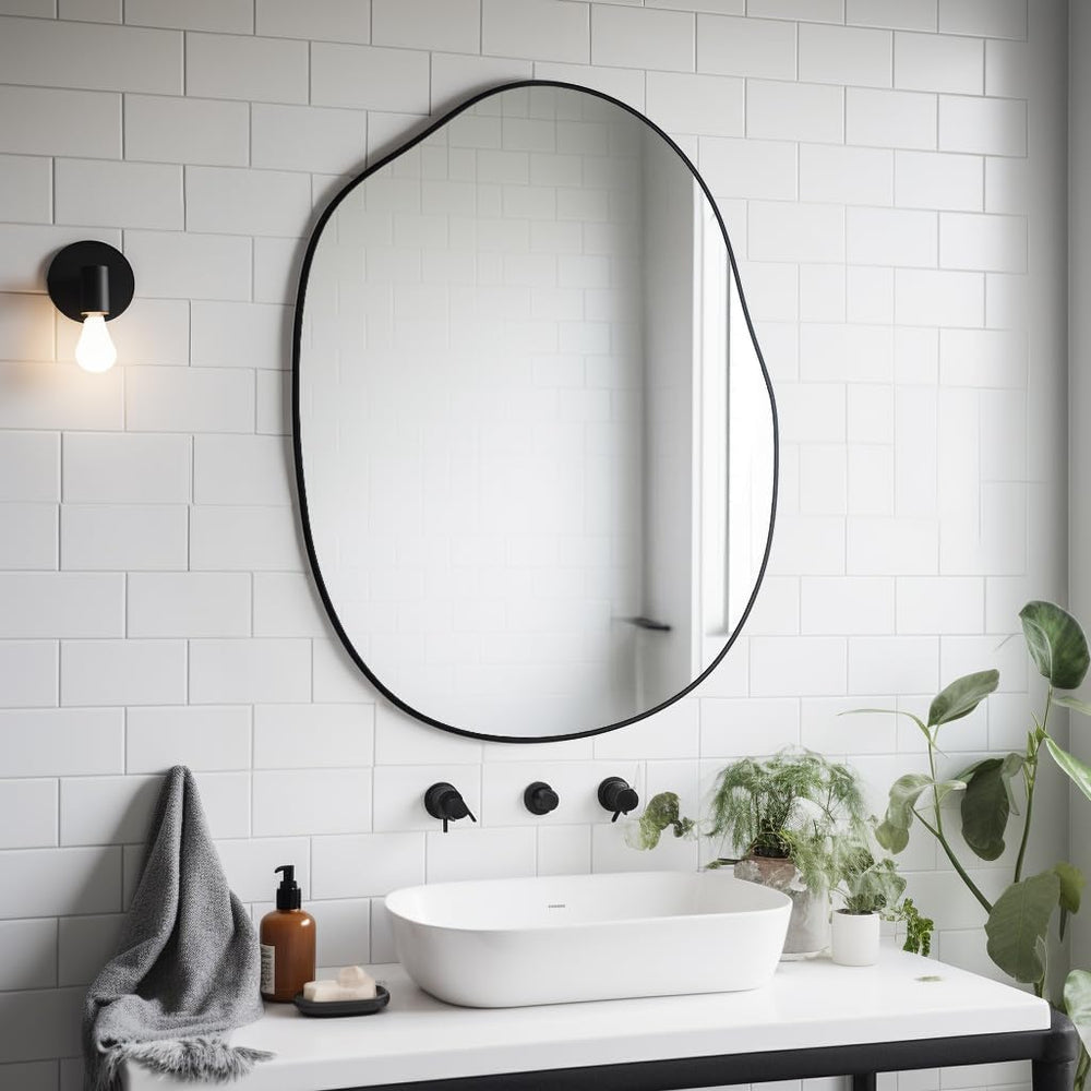 Black Irregular Mirror for Bathroom Asymmetrical Wood Vanity Mirror 24"x...